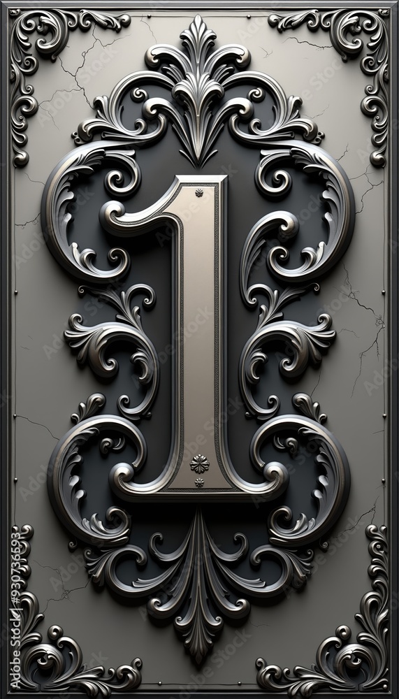 Elegant metal number one with ornate framing, perfect for signage, branding, or decorative elements in luxury design projects. Elegant metal number one with ornate framing, perfect for signage, branding, or decorative elements in luxury design projects.