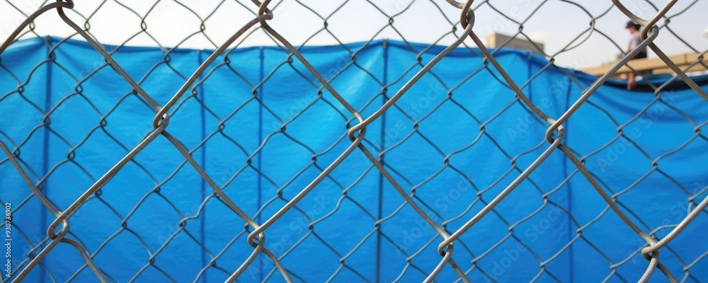Close-up of a chain-link fence with a vibrant blue tarp in the background, symbolizing security, privacy, and construction site barriers. Close-up of a chain-link fence with a vibrant blue tarp in the background, symbolizing security, privacy, and construction site barriers.