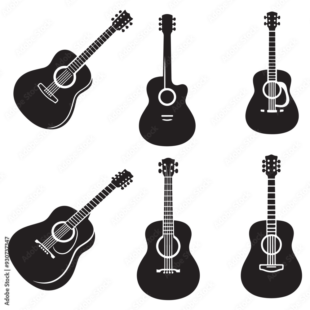Fototapeta premium Electric guitar silhouette set on white background, Acoustic guitar silhouette, Acoustic and heavy rock electric guitars musical instruments