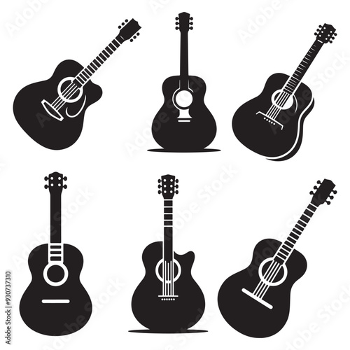 Electric guitar silhouette set on white background, Acoustic guitar silhouette, Acoustic and heavy rock electric guitars musical instruments