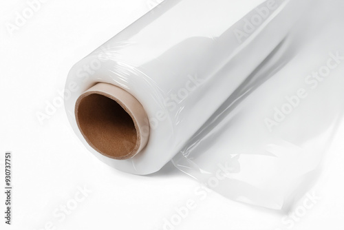 Roll of plastic stretch wrap film isolated on white, closeup. Silicone or plastic stretch foil.