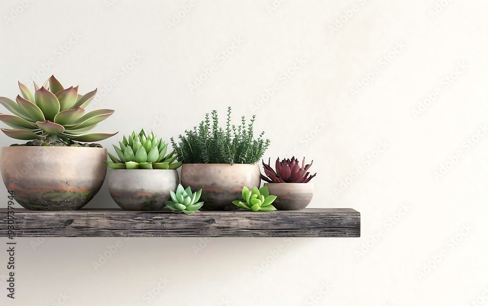 Fototapeta premium Row of Potted Succulents on a Wooden Shelf against White Wall Background