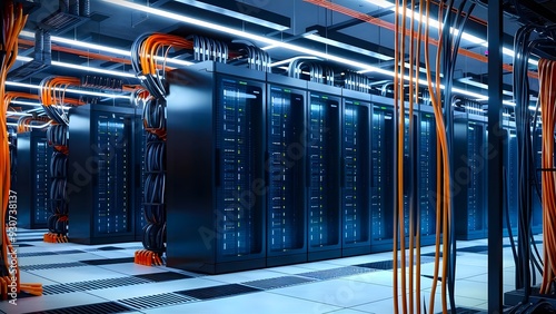 A futuristic data center rows of advanced servers in sleek black racks an intricate web of color coded network cables the servers hum quietly, efficiency and power of the high-tech environment 