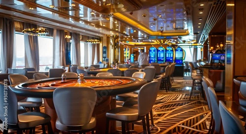 Modern Casino Interior with Roulette Table and Slot Machines