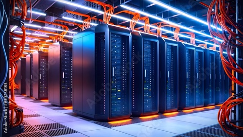 A futuristic data center rows of advanced servers in sleek black racks an intricate web of color coded network cables the servers hum quietly, efficiency and power of the high-tech environment 