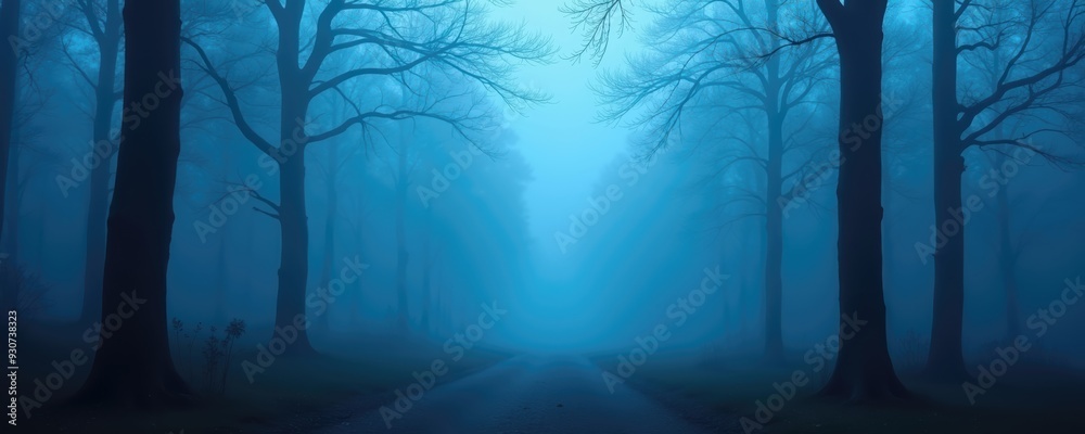 A serene, foggy forest path evokes mystery and tranquility, perfect for nature-themed designs, meditation spaces, or atmospheric storytelling.
