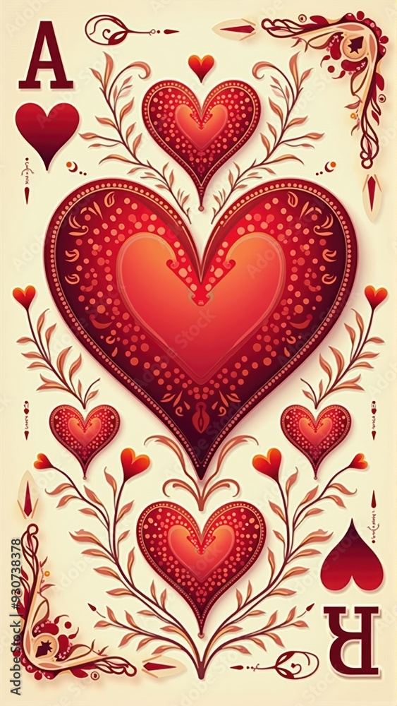 A beautifully designed Ace of Hearts playing card featuring intricate heart illustrations, perfect for games, casino themes, or romantic designs. A beautifully designed Ace of Hearts playing card featuring intricate heart illustrations, perfect for games, casino themes, or romantic designs.