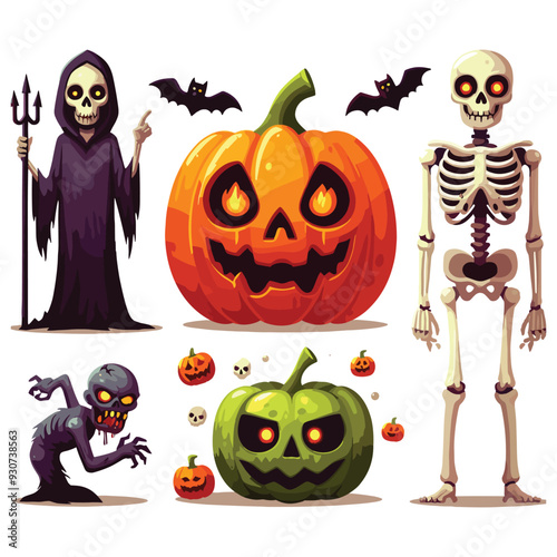 Halloween illustration with pumpkins, skeleton, grim reaper, bats, and zombie, spooky celebration