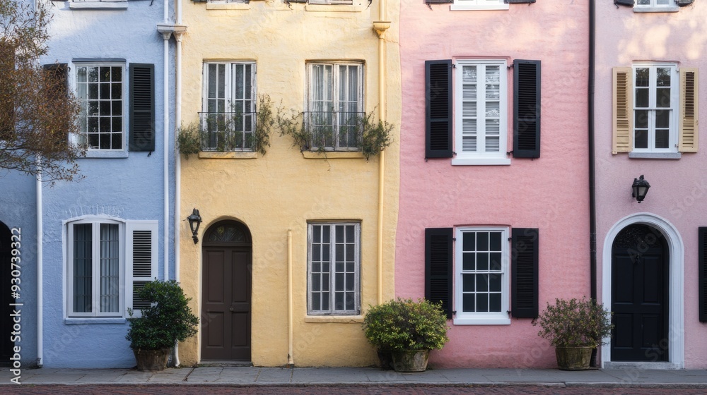Obraz premium Charleston Houses. Pastel Row Houses in European Architecture Street Scene