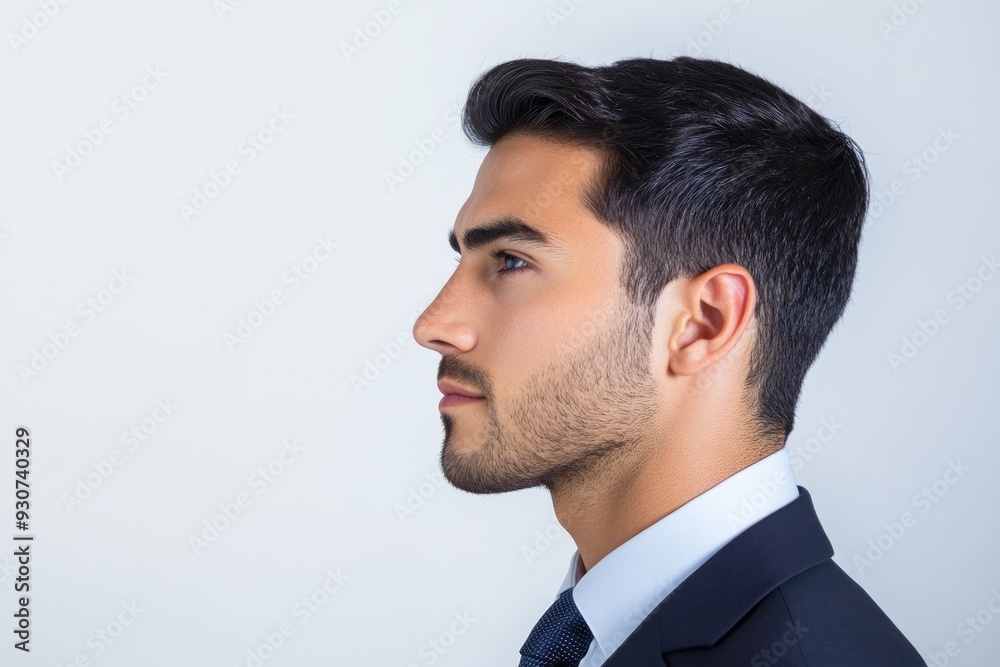 Latino Man Profile. Portrait of a Confident Businessman Facing the Future with Vision in Suit and Tie Latino Man Profile. Portrait of a Confident Businessman Facing the Future with Vision in Suit and Tie