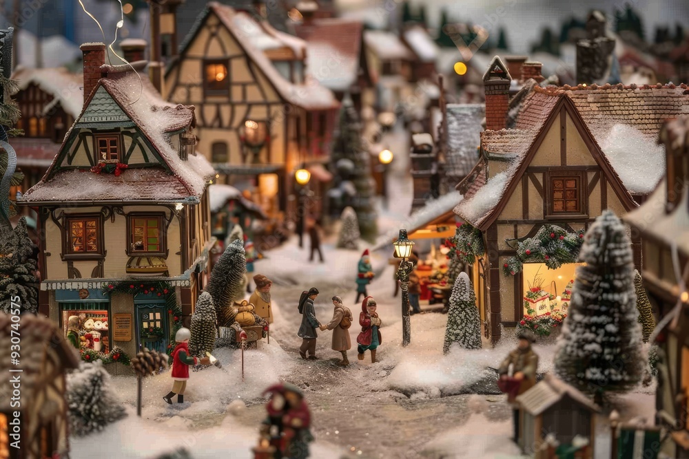 A picturesque view of a Christmas village with quaint shops and houses, snow - covered rooftops, and people walking with gifts A picturesque view of a Christmas village with quaint shops and houses, snow - covered rooftops, and people walking with gifts