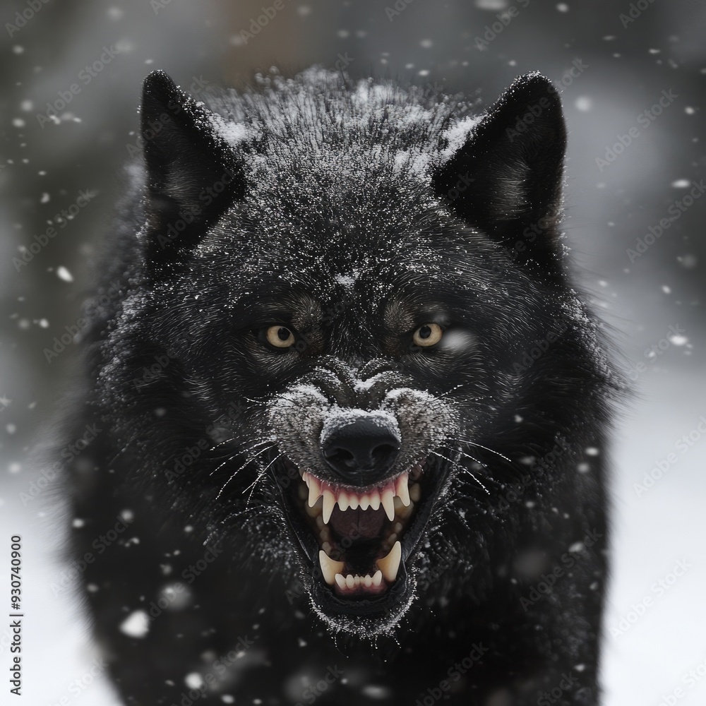 Wolf Snarling. Close-up of Black Wolf, a Wild Predator in Snowy North Pole Wolf Snarling. Close-up of Black Wolf, a Wild Predator in Snowy North Pole
