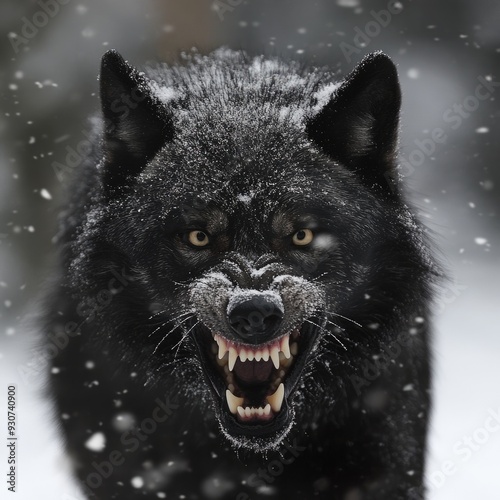 Wolf Snarling. Close-up of Black Wolf, a Wild Predator in Snowy North Pole