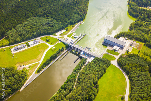 Aerial view of dam Hnevkovice with hydroelectric power plant on Vltava river. South Bohemia, Czech republic, European union.