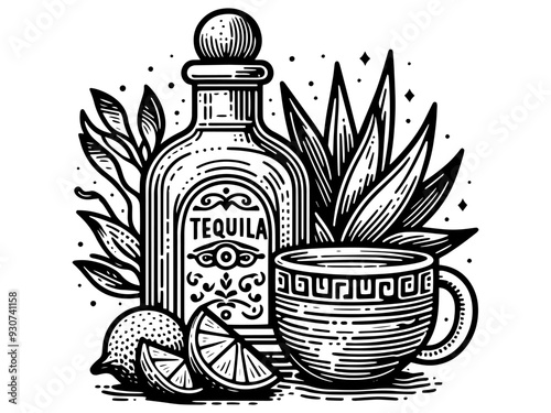 Pattern of mexican alcohol tequila drinking. Bottle, agave, glass, lemon or lime. Generative ai.