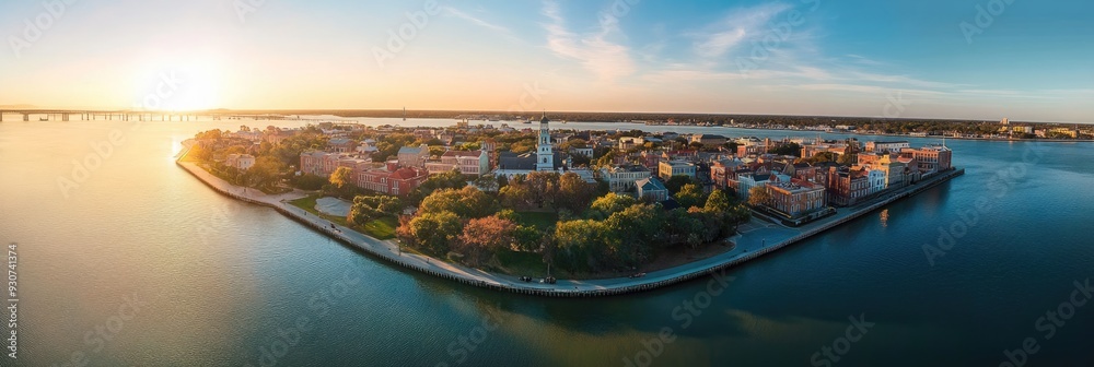 Obraz premium Charleston Aerial. Historic College and Market Churches in French Downtown