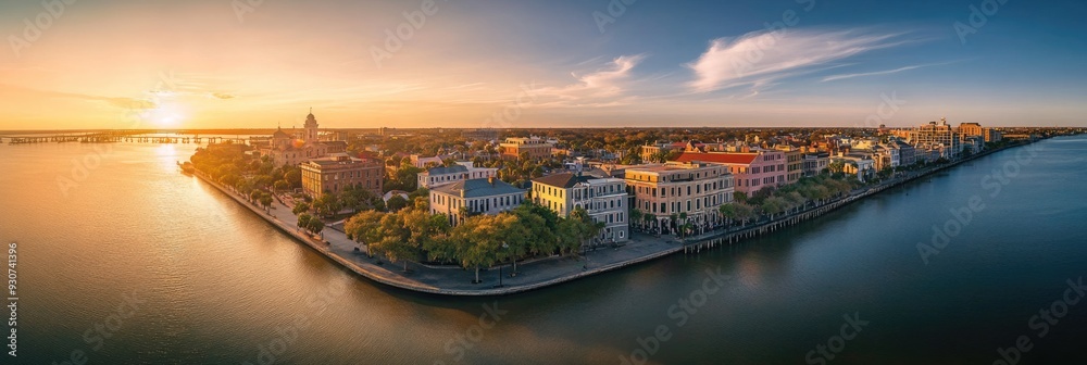 Fototapeta premium Charleston Aerial. Historic College and Market Church in French Downtown