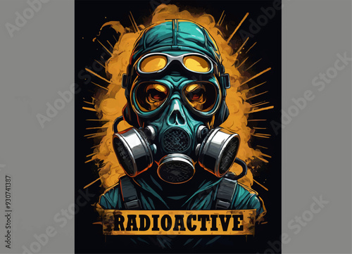 Vector drawing for t-shirt for gamer.
Skull in gas mask and inscription radioactive.
Head of human in respirator. Protection from gas or radiation. Fashionable print for fabric, paper, men clothing.