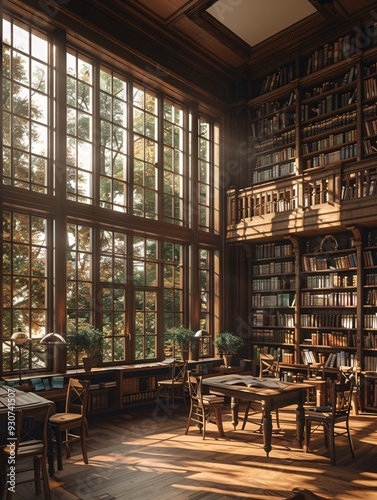 Sunshine pours into the warm bookshelves of the library