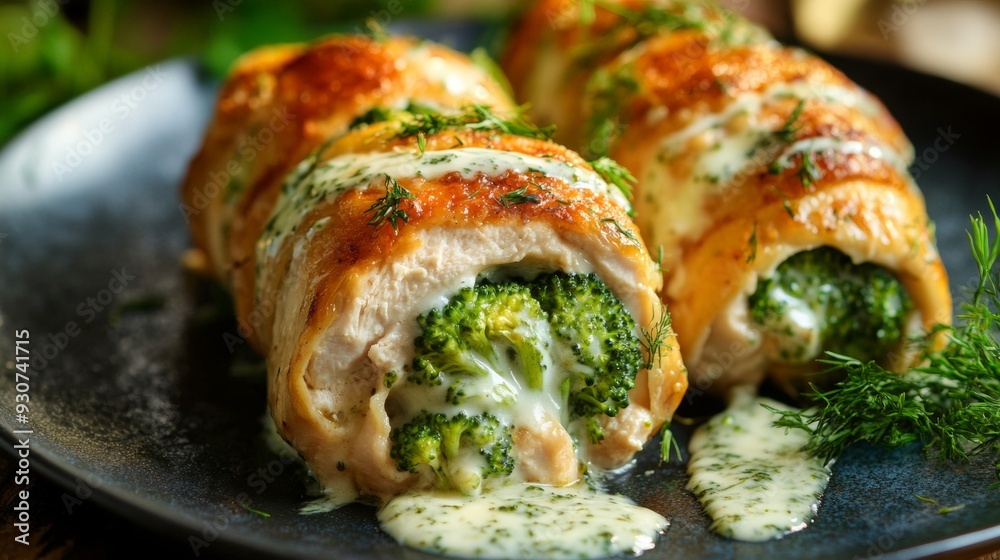 Austrian national cuisine: Chicken rolls stuffed with broccoli and cheese. Austrian national cuisine: Chicken rolls stuffed with broccoli and cheese.