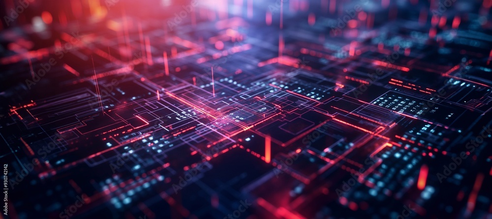 A high-resolution complex vibrant digital network, the advanced infrastructure of modern technology with bright red and blue neon lines, for use in cybersecurity, IT, technological innovation visuals A high-resolution complex vibrant digital network, the advanced infrastructure of modern technology with bright red and blue neon lines, for use in cybersecurity, IT, technological innovation visuals