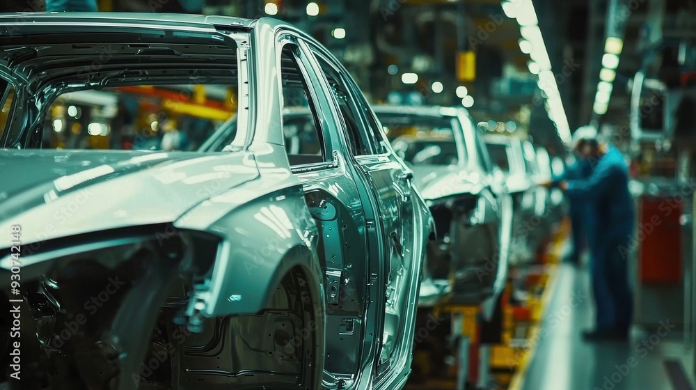 Workers on a car assembly line in a modern factory, assembling vehicles with precision. The busy and dynamic scene highlights the industrial process and teamwork involved in vehicle production. Workers on a car assembly line in a modern factory, assembling vehicles with precision. The busy and dynamic scene highlights the industrial process and teamwork involved in vehicle production.