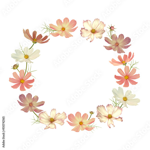 Beautiful floral background. Cosmos. Mexican aster. Wreath of flowers. Multicolored flowers and leaves. Pink.