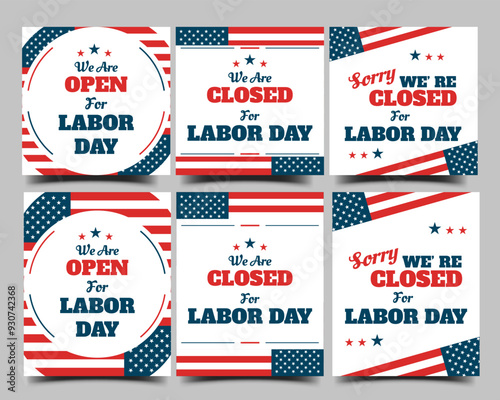 Closed and Open store for labor day sign announcement banner design collection. Usable for banner,  social media post, cover, flyer.
