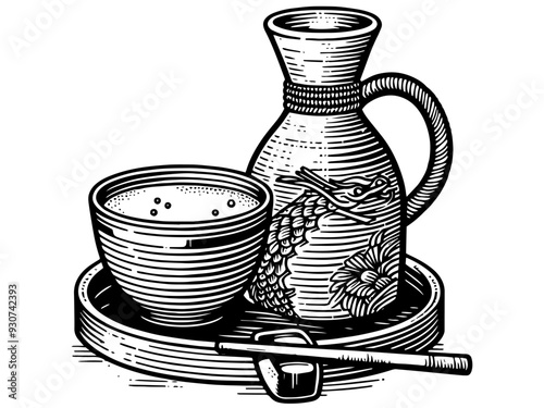 Template national Japanese alcoholic drink sake. Bottle and glass. Vector, generative ai.
