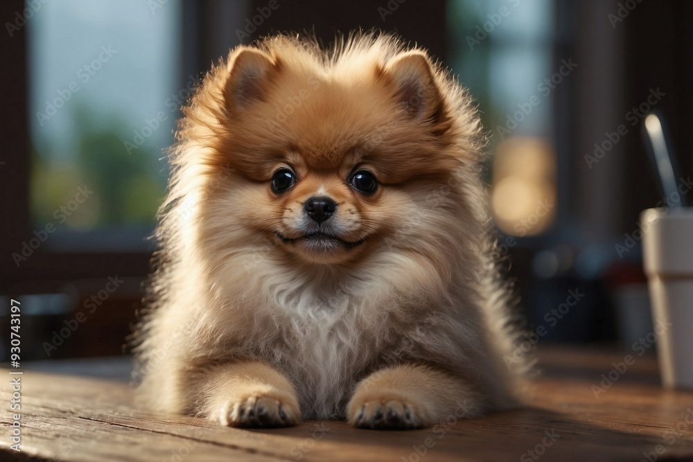 Small Cute Fluffy Pomeranian Puppy Close-Up on a Table Small Cute Fluffy Pomeranian Puppy Close-Up on a Table