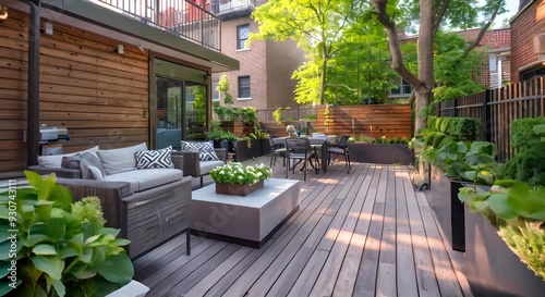 Modern Patio with Wooden Deck, Grey Couch and Green Plants