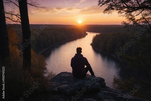 Silhouette of a Man on a Cliff by the River