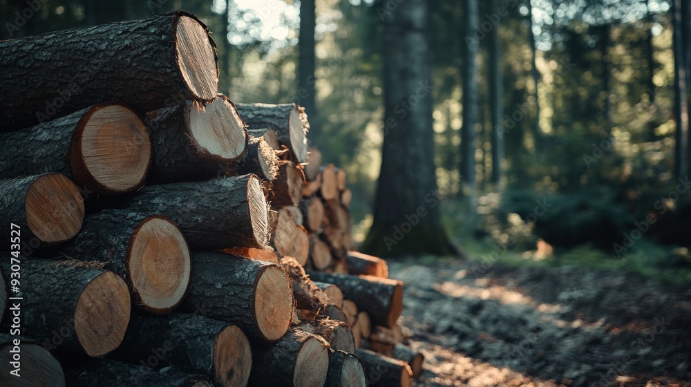 The image presents neatly stacked tree logs in a serene forest, capturing the essence of nature, forestry, and the cycle of life, evoking a sense of tranquility and sustainability.