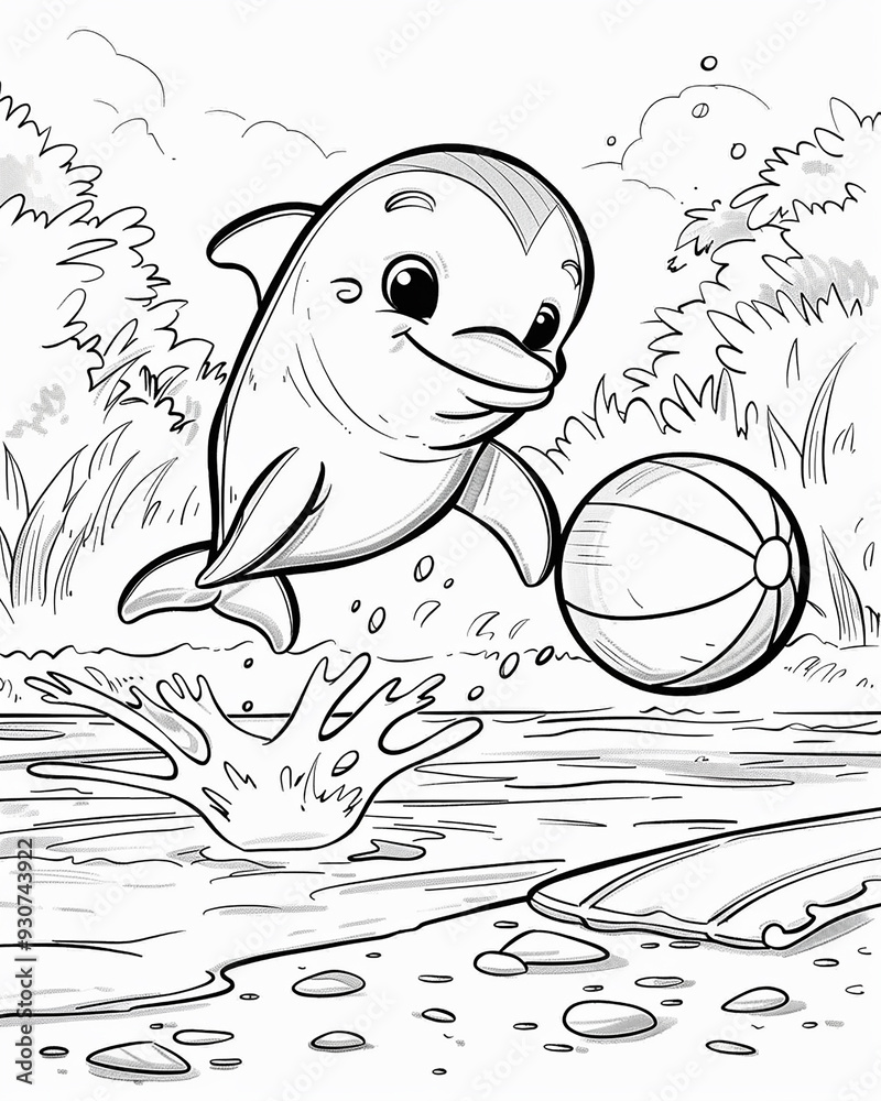 Imagine 10h A cute cartoon dolphin playing with a beach ball, a simple ...