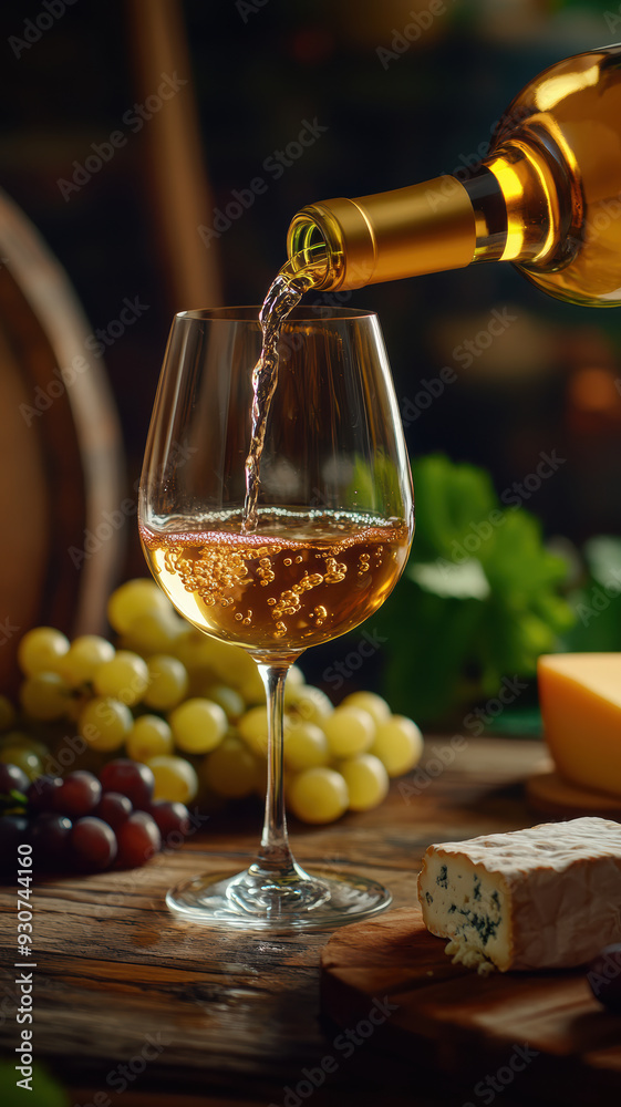 Obraz premium Minimalist wine pouring shot with cheese and grapes in a dark background