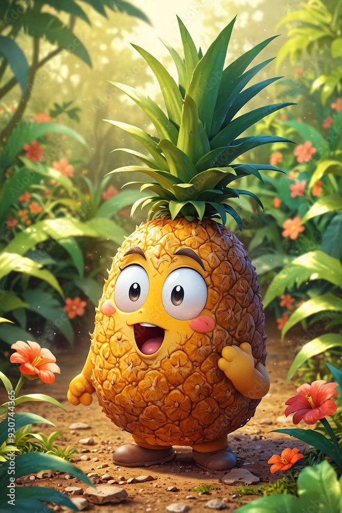 Obraz premium Close-Up Portrait of a Cartoon Pineapple in the Garden with a Message about the Benefits of Healthy Eating and Vitamins