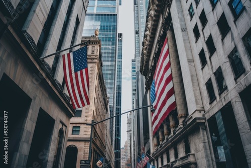 A street view of Wall Street in New York City, with the iconic stock exchange building and an American flag hanging from one side Generative AI