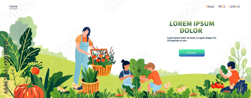 Family gardening harvesting vegetables outdoor eco-friendly theme. People tending plants in garden lush greenery vibrant colors. Website design template
