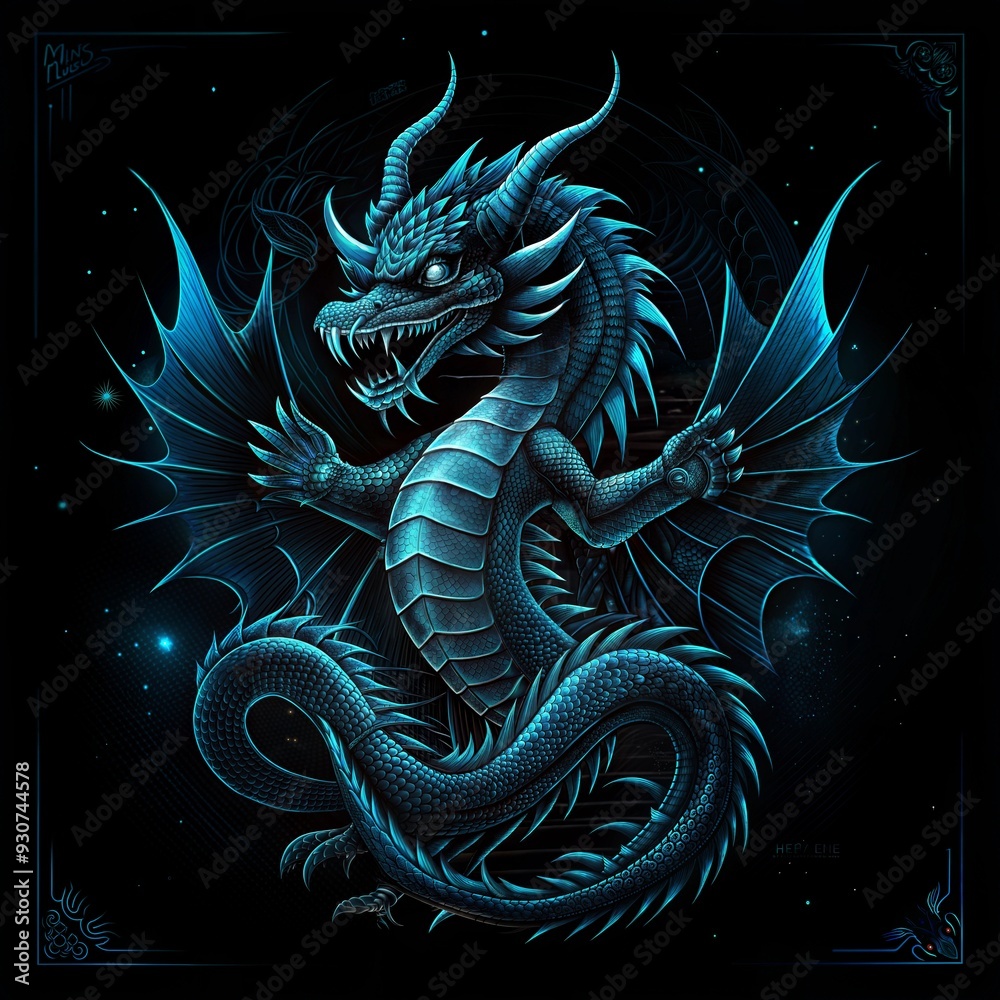 Blue dragon illustration with glowing eyes on dark background for t-shirt print Blue dragon illustration with glowing eyes on dark background for t-shirt print