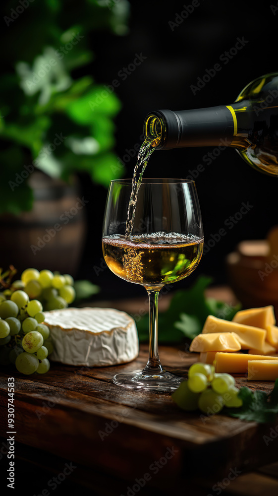 Obraz premium wine in a glass with cheese and grapes on a dark table.