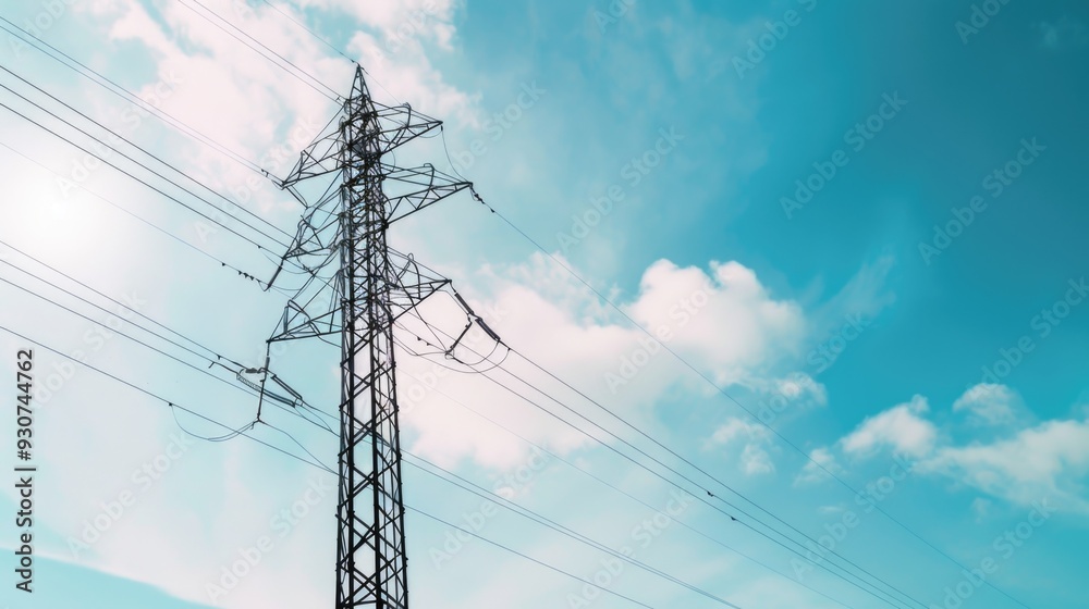 A power line stretching across the blue sky, perfect for backgrounds and scenic shots A power line stretching across the blue sky, perfect for backgrounds and scenic shots