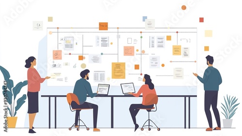 A well-structured workflow chart on a wall, with employees discussing and optimizing their productivity strategies