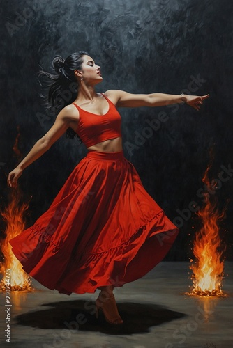 Painting of a Dancing Woman in a Red Skirt