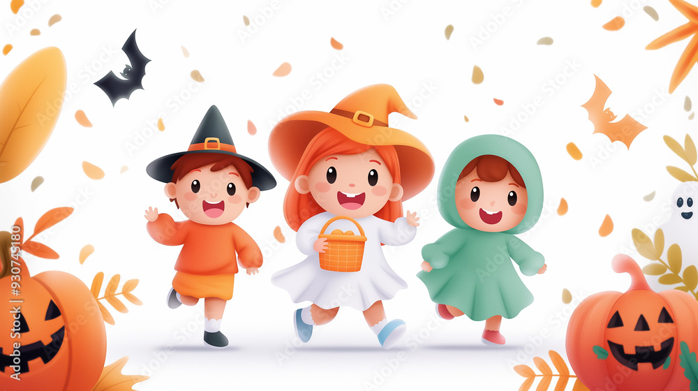 Three kids in colorful Halloween costumes joyfully run while carrying a pumpkin basket, surrounded by festive decorations Three kids in colorful Halloween costumes joyfully run while carrying a pumpkin basket, surrounded by festive decorations
