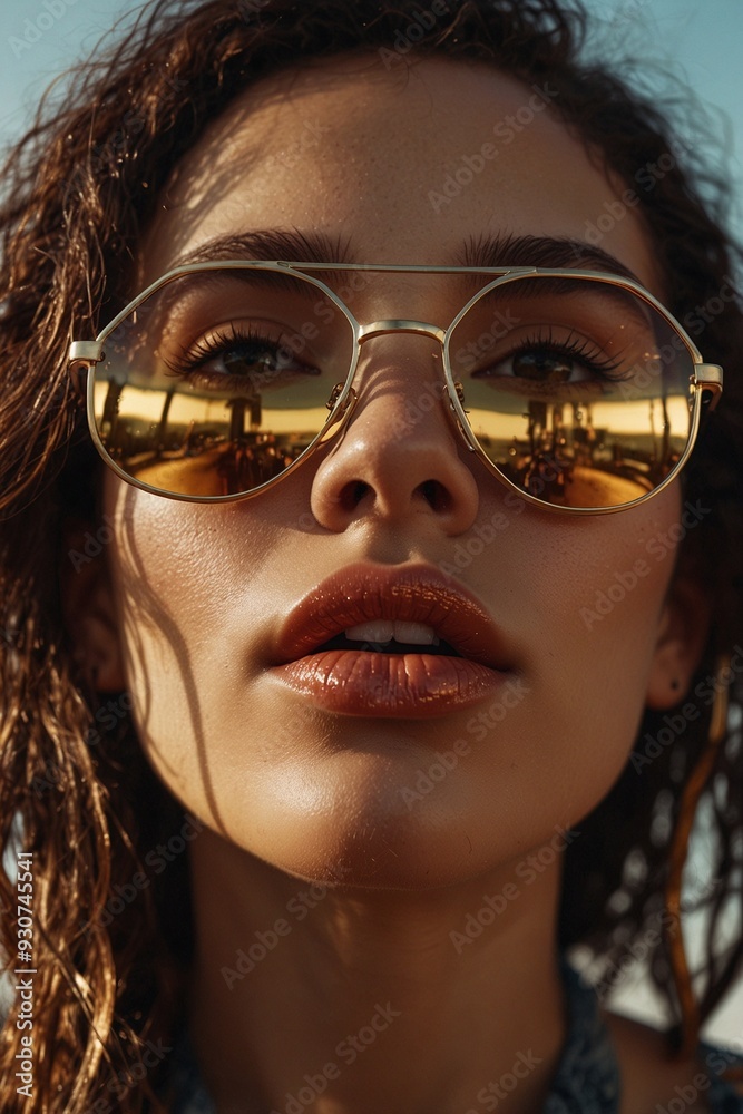 Close-Up of a Woman in Sunglasses in Cyberpunk Style with Plump Lips Close-Up of a Woman in Sunglasses in Cyberpunk Style with Plump Lips