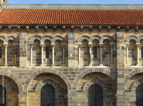 Romanesque Abbey of Saint-Austremoine. Issoire. 12 century. Auvergne. France. Detail of the lateral south facade. 
