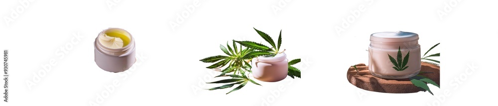 Jar of hemp cream in the shadow of a marijuana plant on white background Jar of hemp cream in the shadow of a marijuana plant on white background