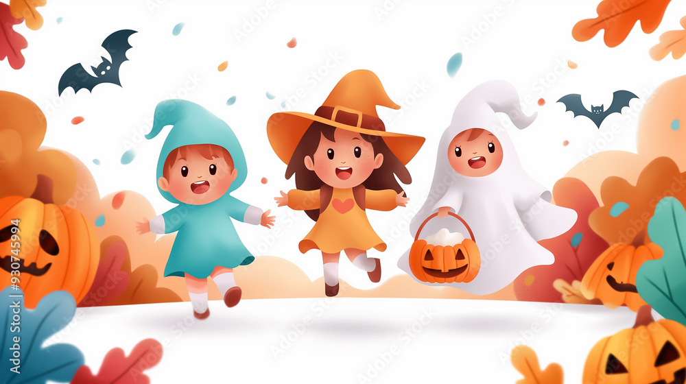 Three children dressed in Halloween costumes enjoy their time outdoors, surrounded by vibrant fall leaves and festive decorations Three children dressed in Halloween costumes enjoy their time outdoors, surrounded by vibrant fall leaves and festive decorations