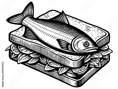 Surreal sandwich with whole fish between bread slices in black and white. Vector, generative ai.