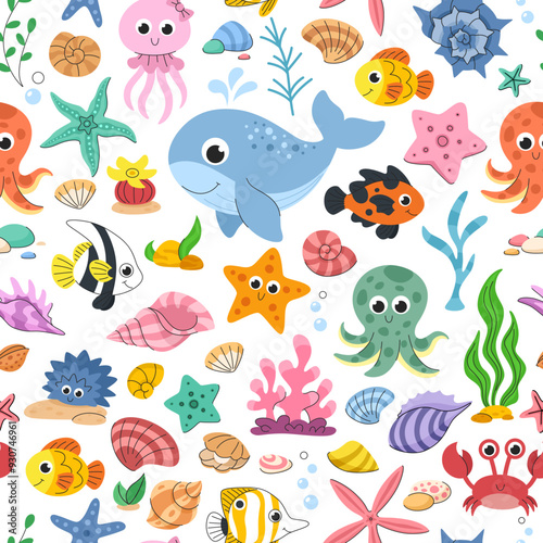 Childrens sea animals seamless pattern. Vector background with sea creatures, fish, seaweed and shells.